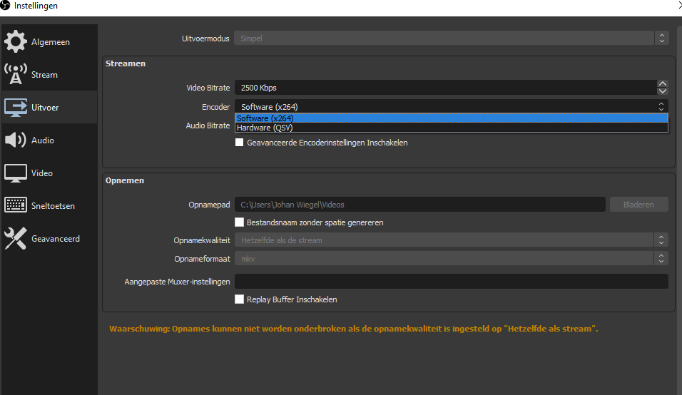 OBS video encoding instelling